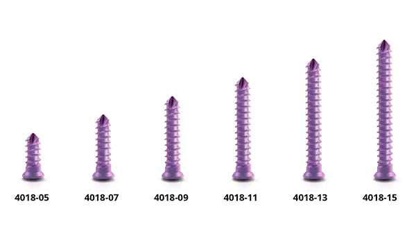 dev-os titanium microscrews, Ø 1.8 mm Six lengths of violet dev-os titanium microscrews, diameter 1.8 mm, from small to large
